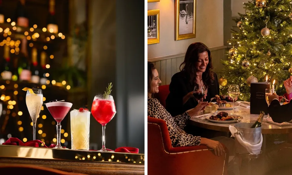 festive cocktail son a bar and women eating roast