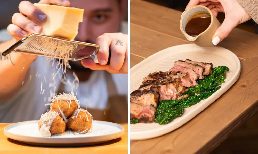 someone grating parmesan on arancini, and steak with cavolo nero