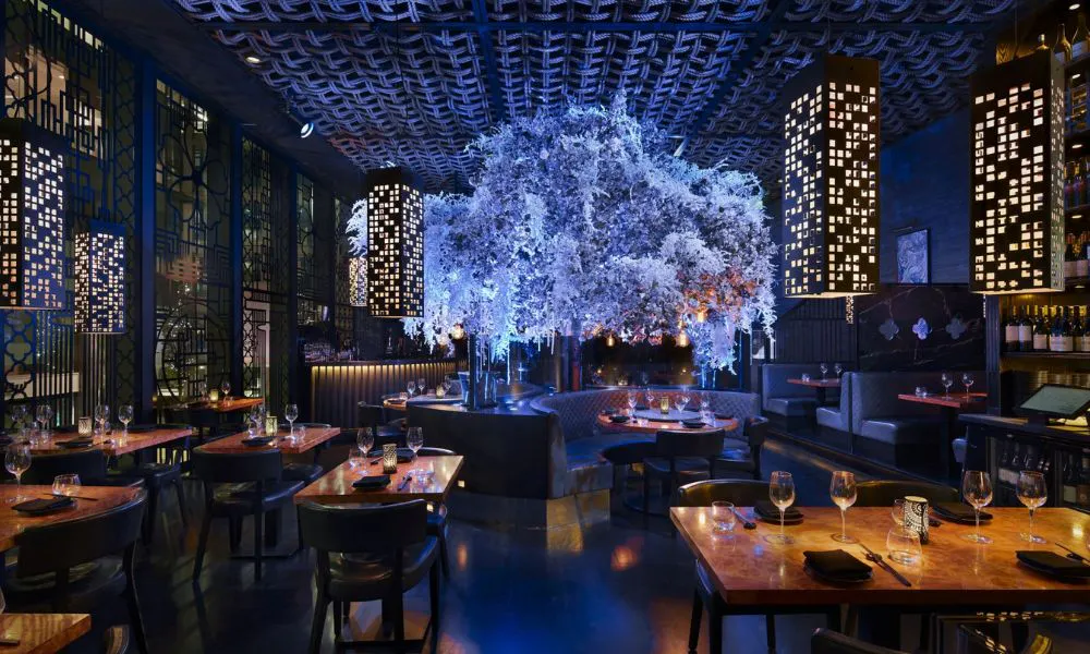 blue lit dining room with fake tree