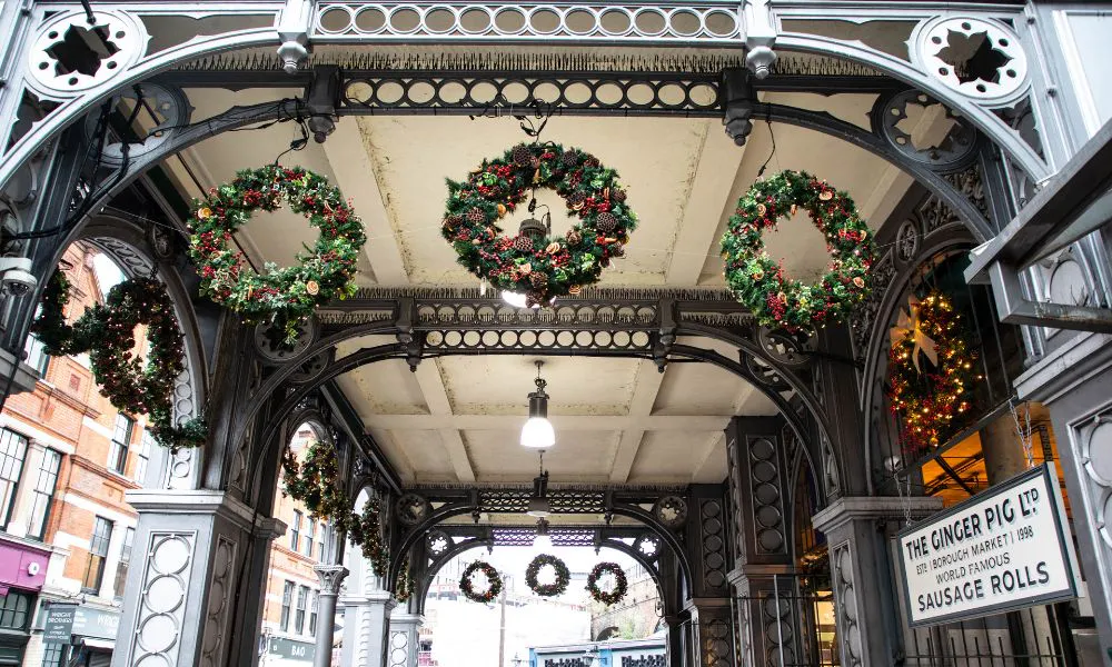 market ceiling hanging with wreaths
