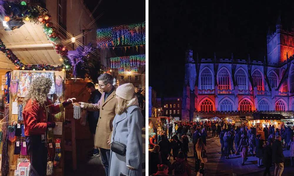 purple and pink lit cathedral and shop stall
