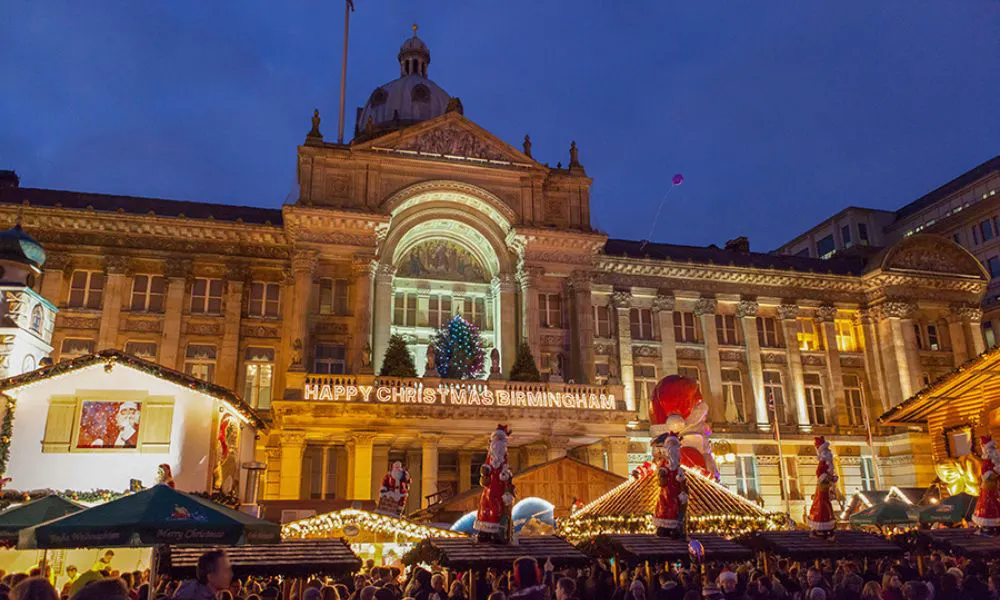 Birmingham square with lights and stalls