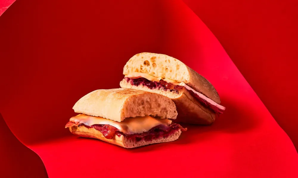 cut ciabatta sandwich with melting cheese