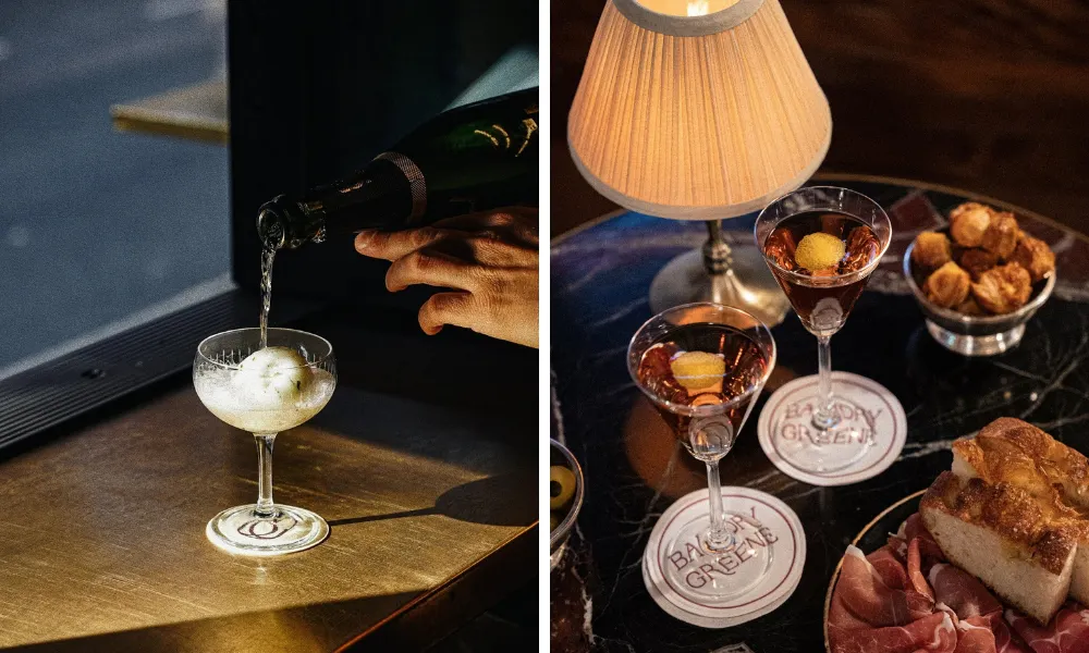Cocktail with sorbet and selection of bar snacks