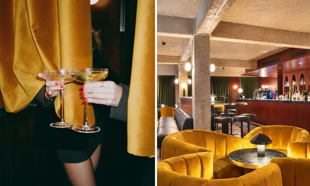 Hands holding martinis and bar interiors