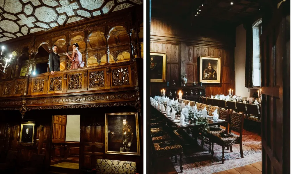 wood pannelled hall with ornate carvings