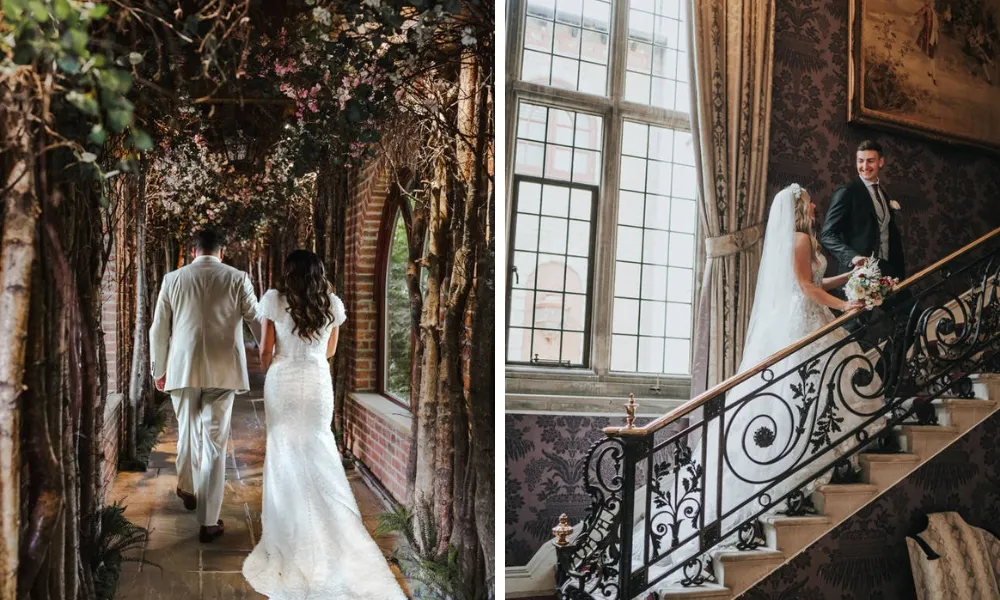 bride and groom walk through floral gallery