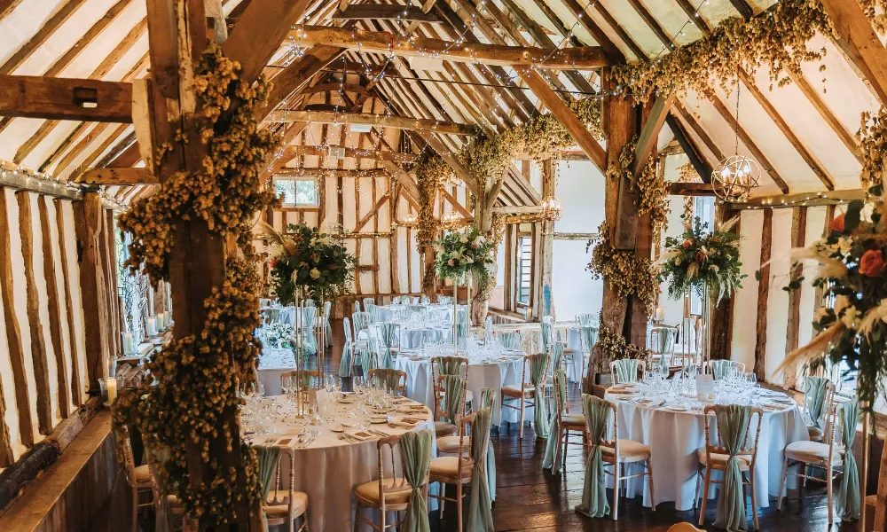 wood beam barn wedding venue set for banquet dining