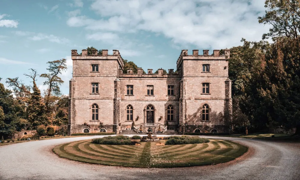castle exterior during winter, with brown leaves