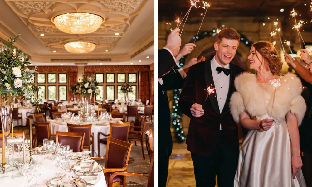 ornate dining room with glittery overhead light