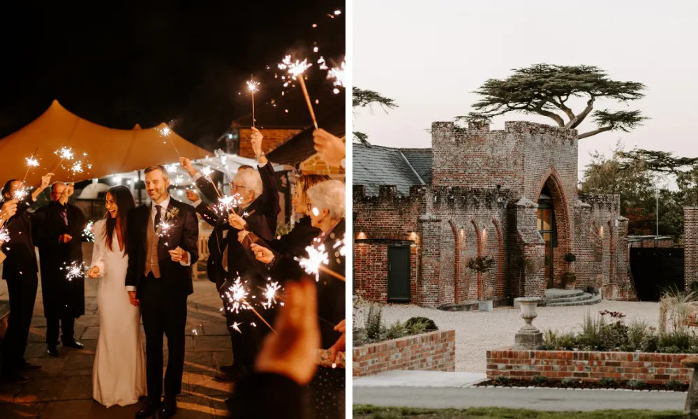 couple walking with guests holding sparklers