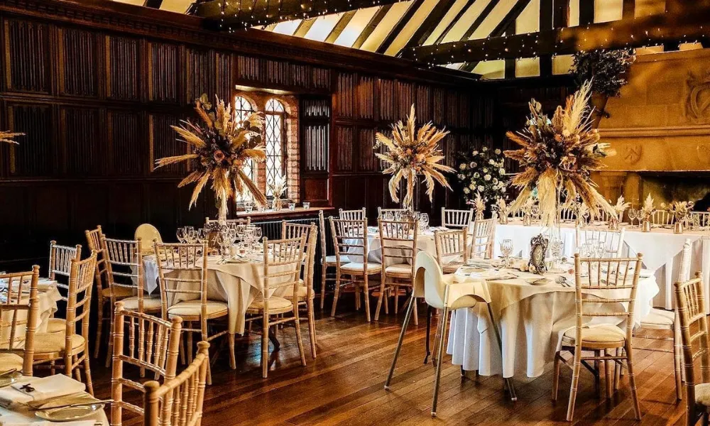 Leez Priory wedding dining room with dried flowers