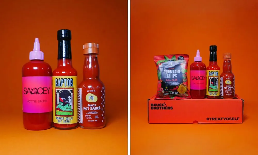 bottles of hot sauce and crisps with a gift box