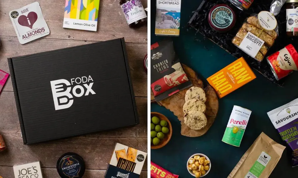 cardboard box filled with condiments biscuits and snacks