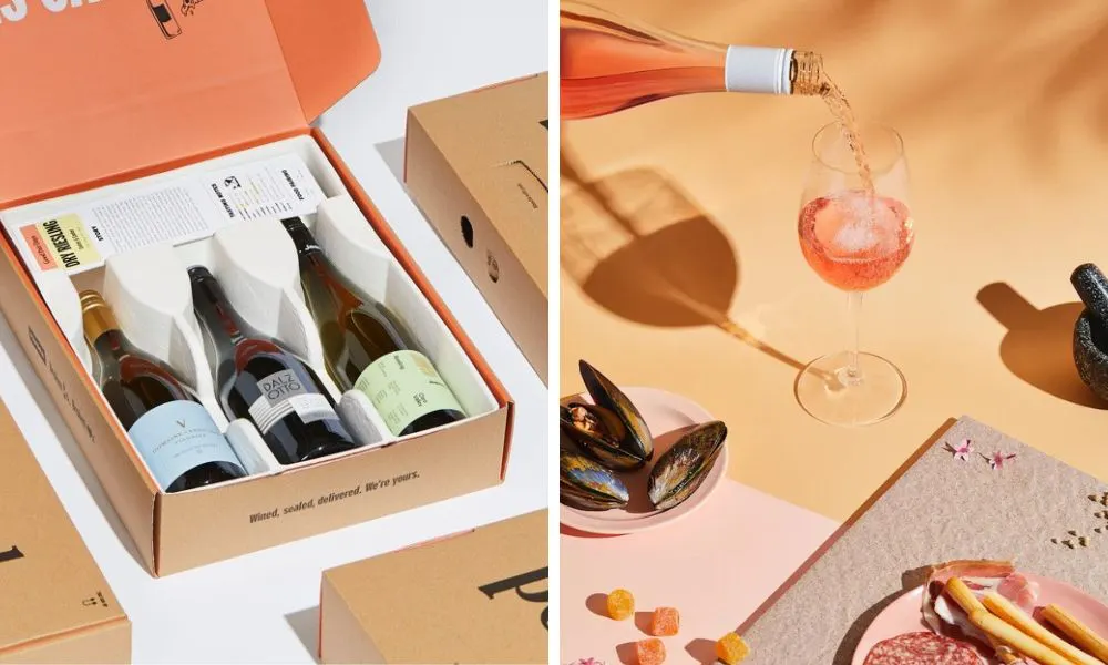 wine subscription box and bottle of rose being poured