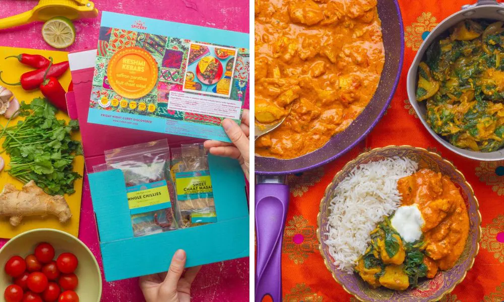 recipe card with spices and herbs and curry with rice