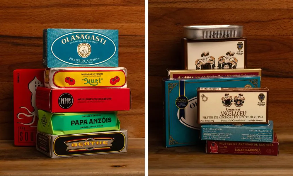 collection of tinned fish and anchovy varieties