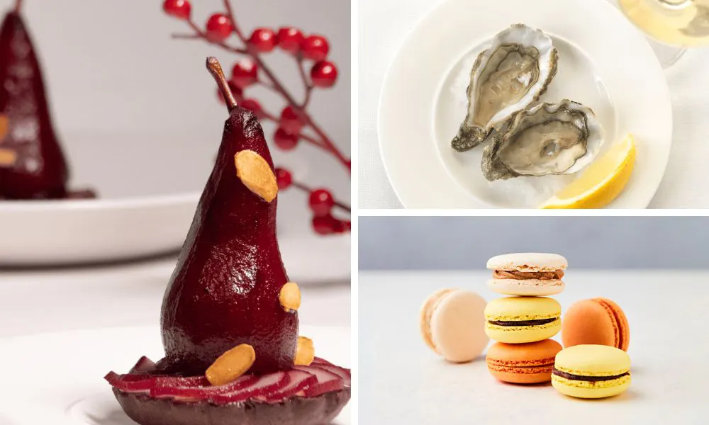 poached pear, macarons, and oysters