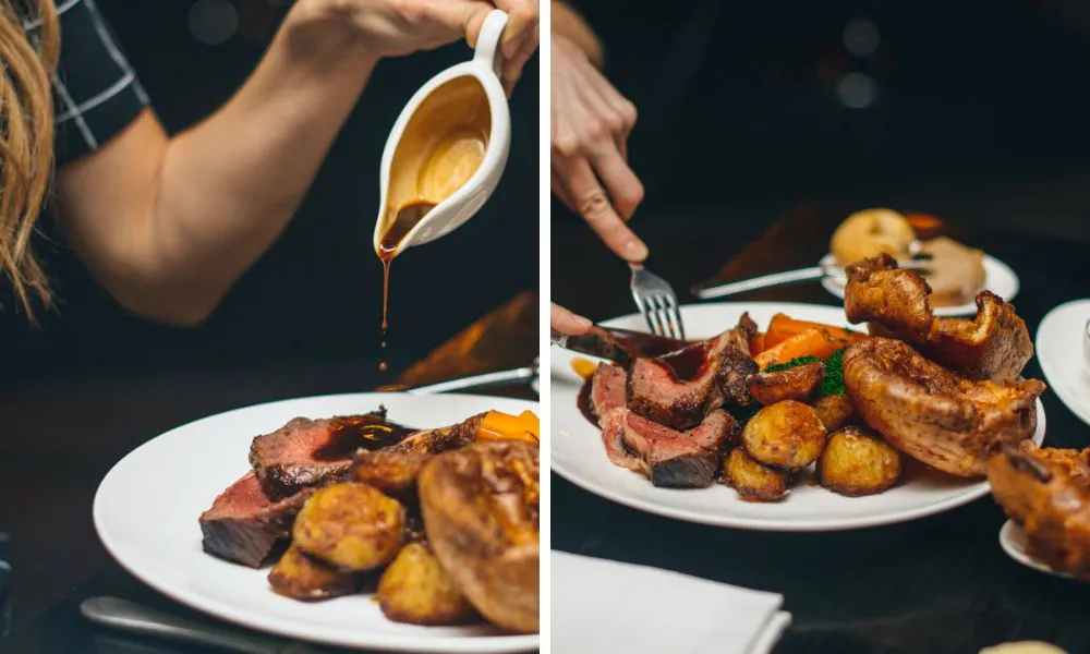 diner pouring gravy and carving into roast dinner