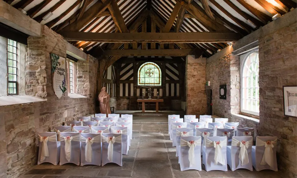a wedding ceremony in a rustic chapel