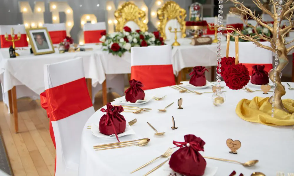 wedding table and chair set up for a wedding breakfast