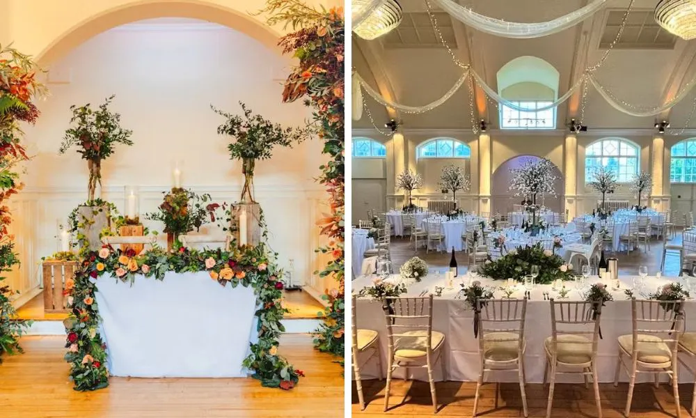 wedding tables decorated with foliage and flowers