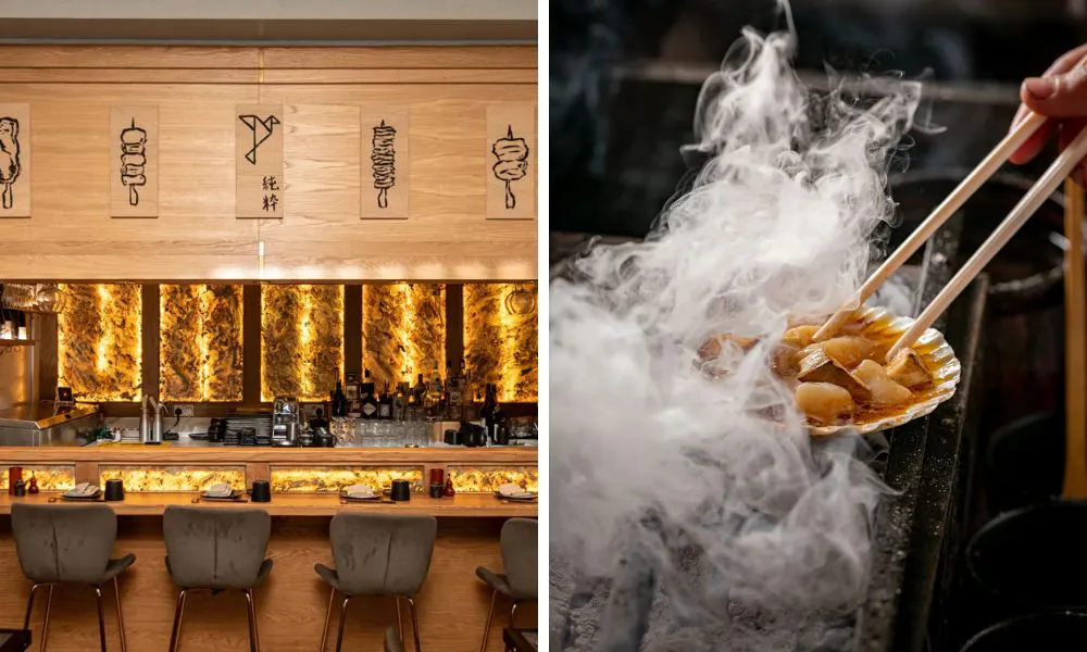 a sushi counter at Junsei, and dishes being cooked on the grill