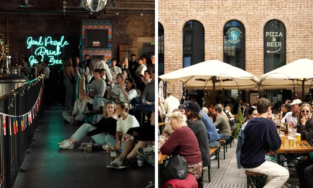 fans watching a sports game in a bar and drinkers outside on long benches