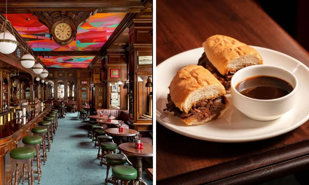 traditional pub room and steak sandwich with gravy