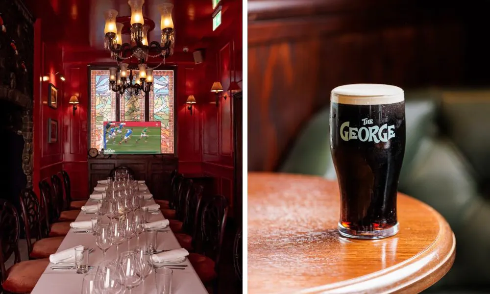 private dining room with sports screening and pint of guinness