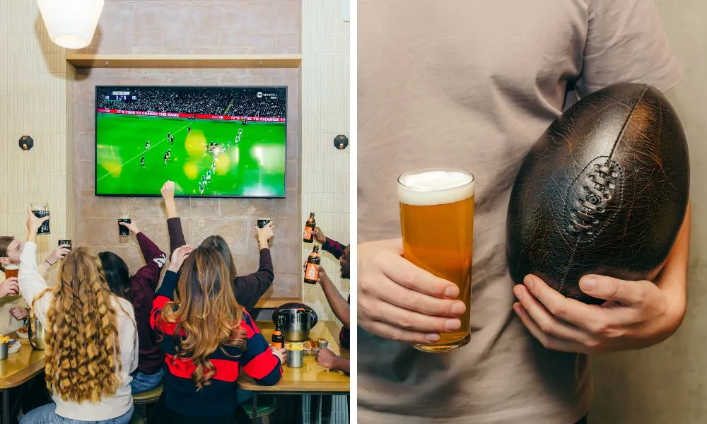 fans cheering at a sports screen and man holding beer and rugby ball