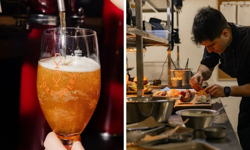 beer being poured from tap and chef assembling a sharing board
