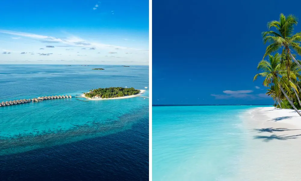 Two pictures of paradise islands with clear blue water and palm-fringed beaches