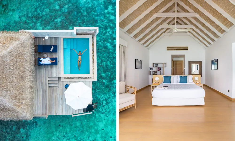 The bedrooms at Baglioni Maldives - including an overhead image of the deck and pool on a water villa