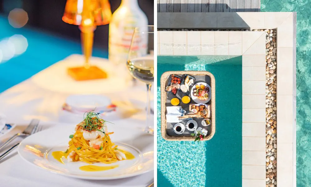 Two pictures, one of a plate of pasta and another of a floating breakfast in a swimming pool on a tray