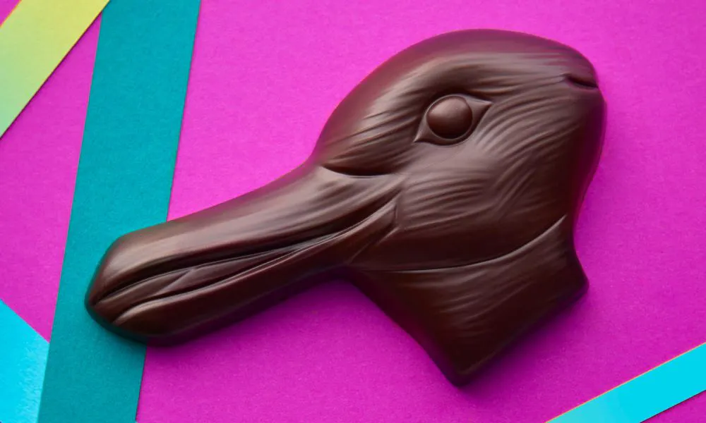 A picture of a chocolate shape that looks like both a duck and a rabbit