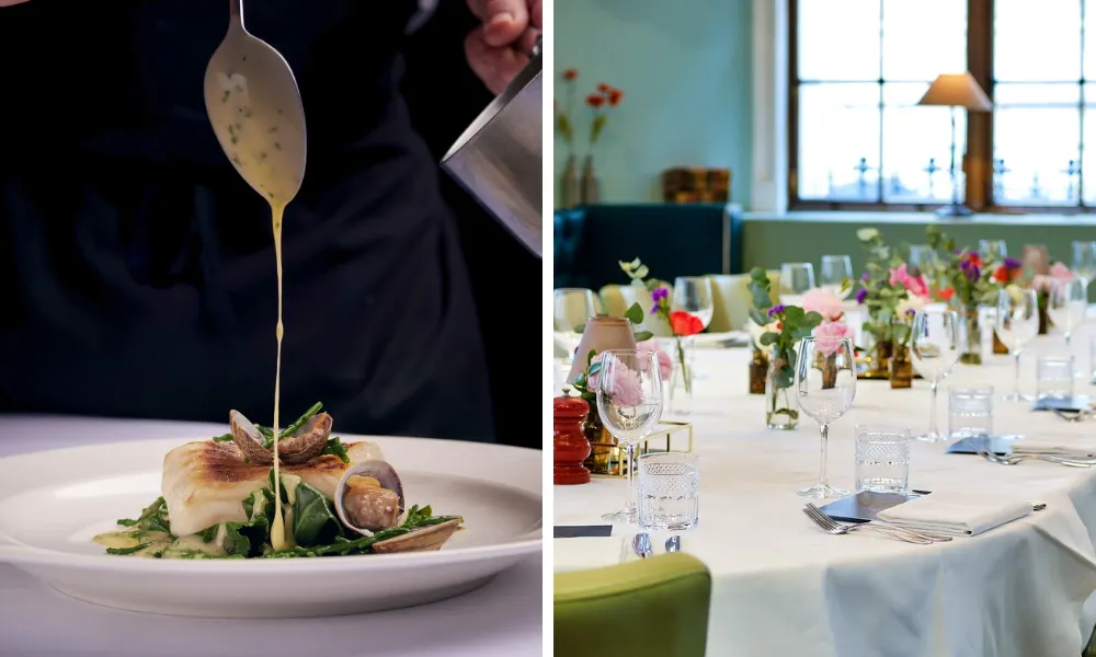 bright white room with table and fish dish