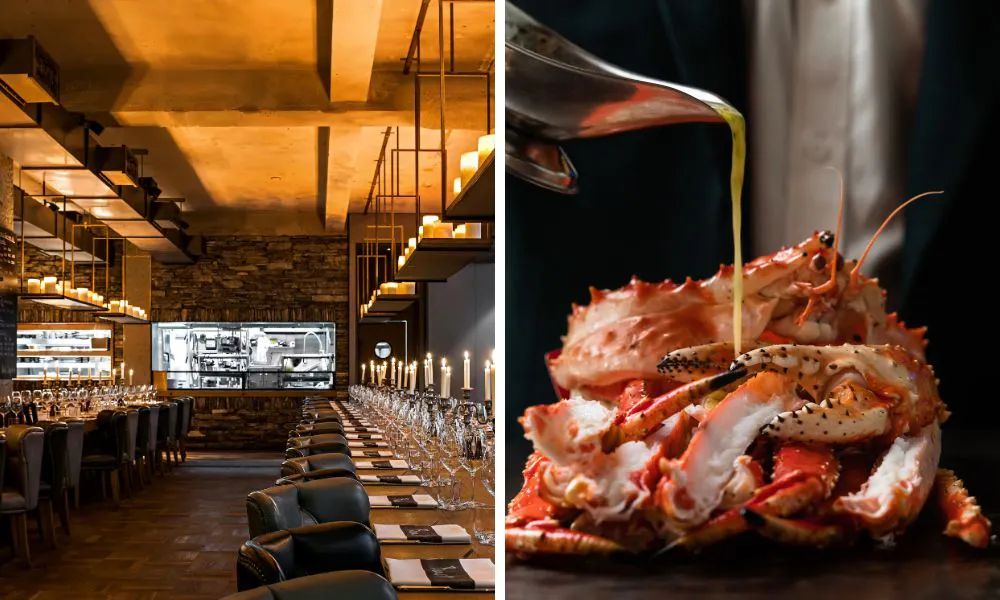 elegant restaurant interiors with plenty of candles, and king crab legs with garlic butter sauce