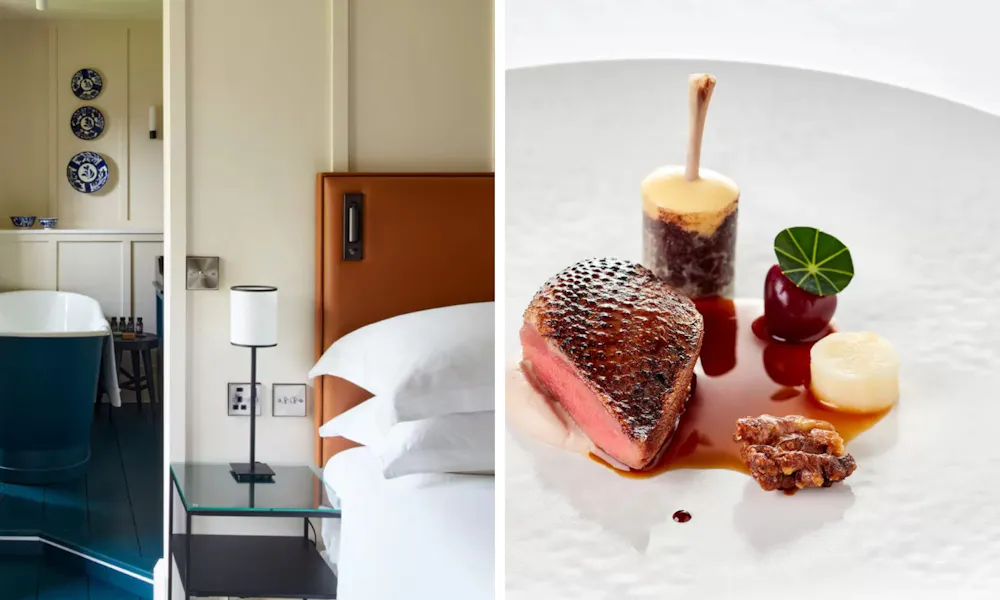 Two pictures: one a bedroom looking through to a bathroom with a blue bath in it, the other a plate of duck breast and garnishes
