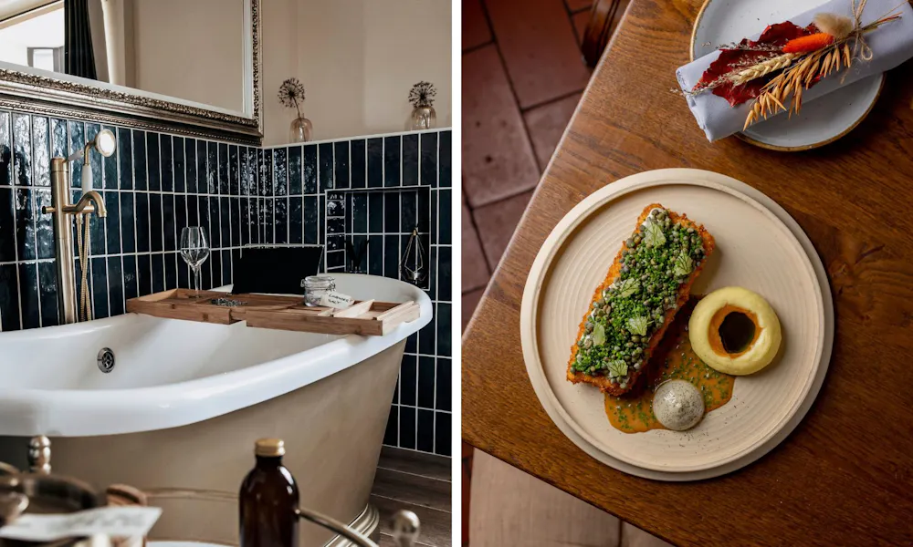 Two pictures - one of a deep bath in a tiled bathroom and one of a plate of salmon topped with a green crust