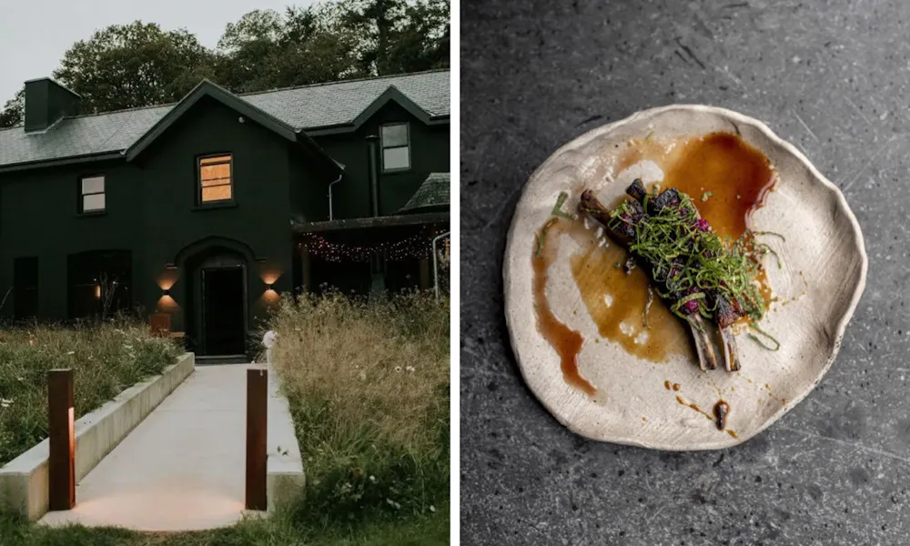 Two pictures: one of a black building seen through a garden, with lit up windows, the other a plate of ribs