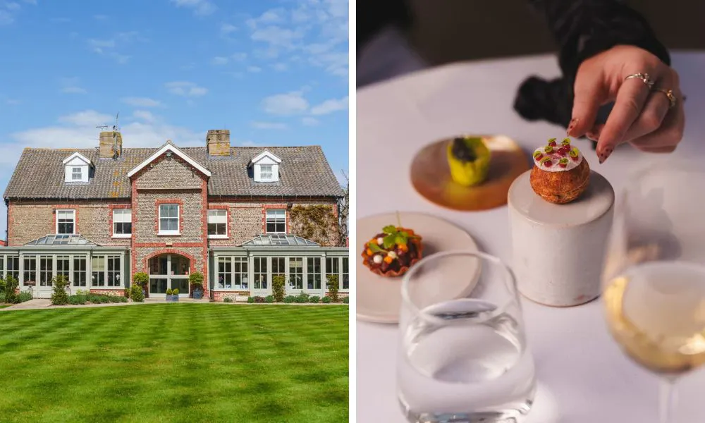 grand hall hotel with manicured lawn and fine dining plates
