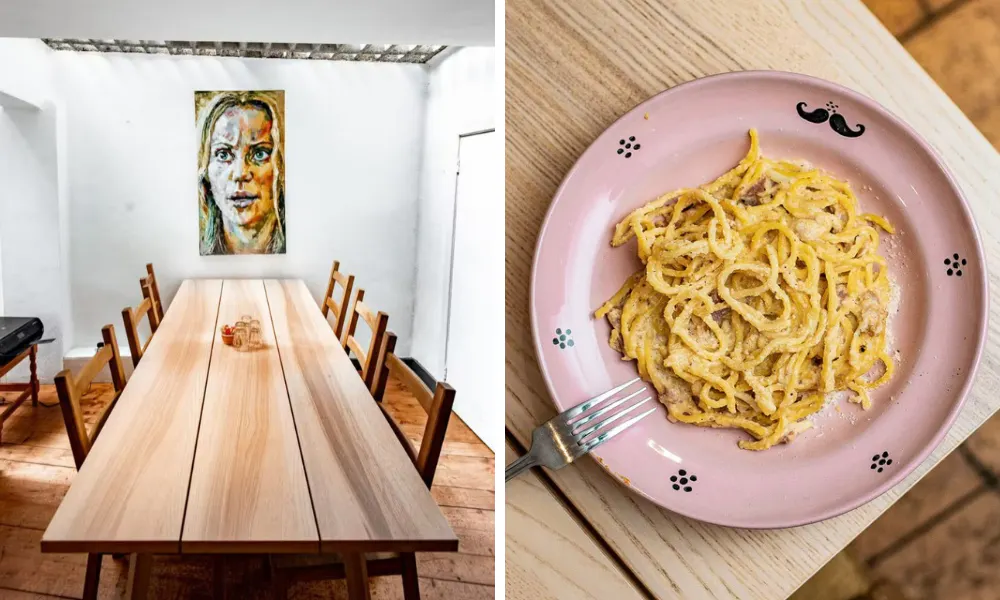 long table and plate of pasta