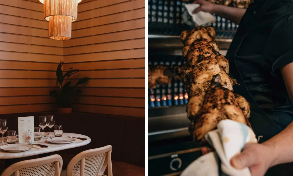 whole rotisserie chickens on a long spit