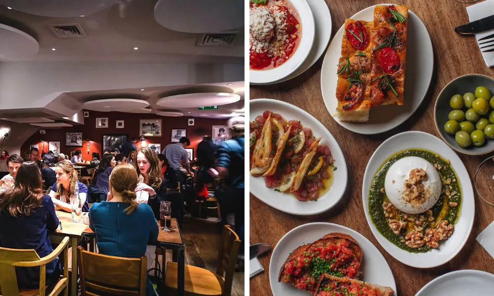 casual restaurant-style interiors and a selection of Italian dishes on a table