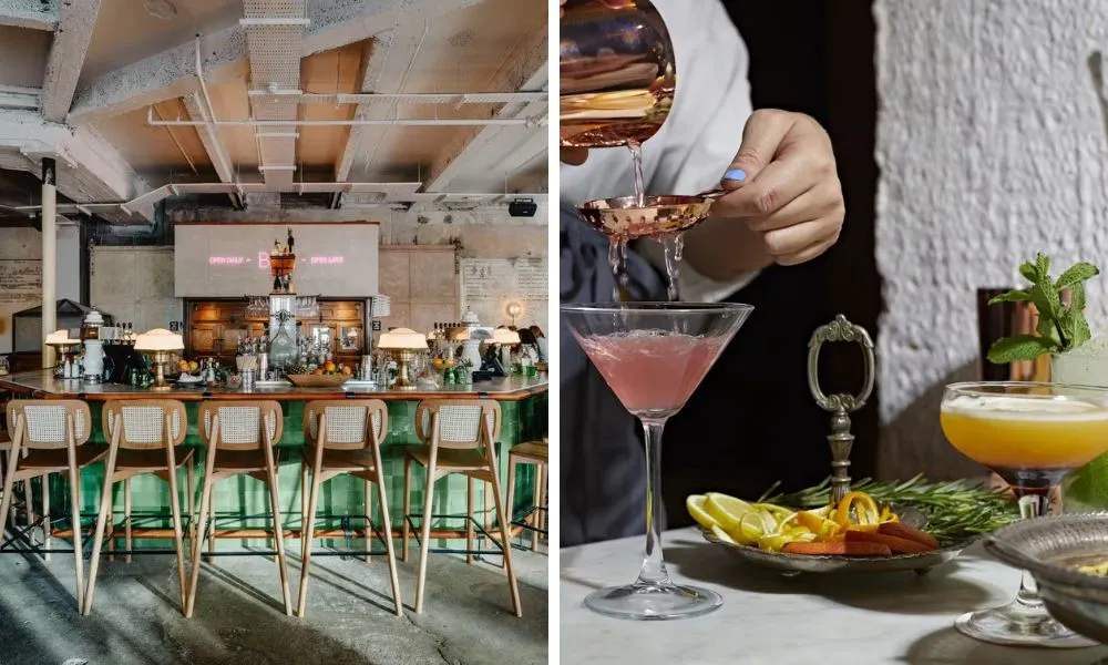 high-top seating at a green-toned bar, and someone pouring a cocktail