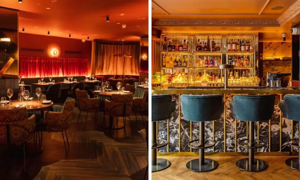restaurant with red curtains and counter dining at bar