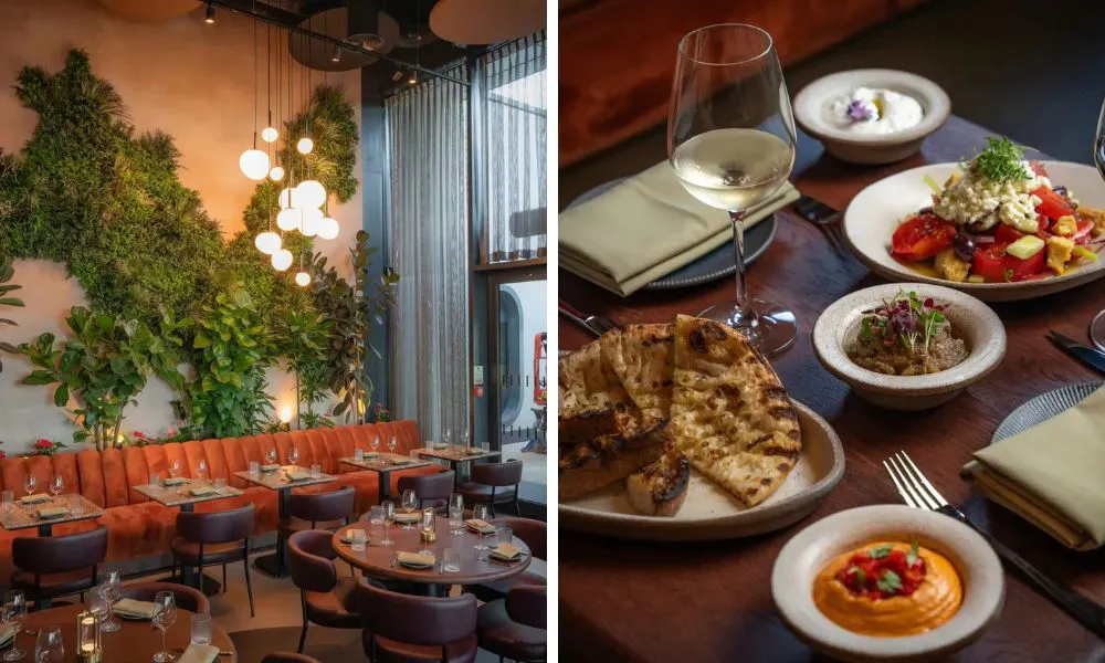 restaurant with green foliage and orange chairs and array of grecian sharing plates