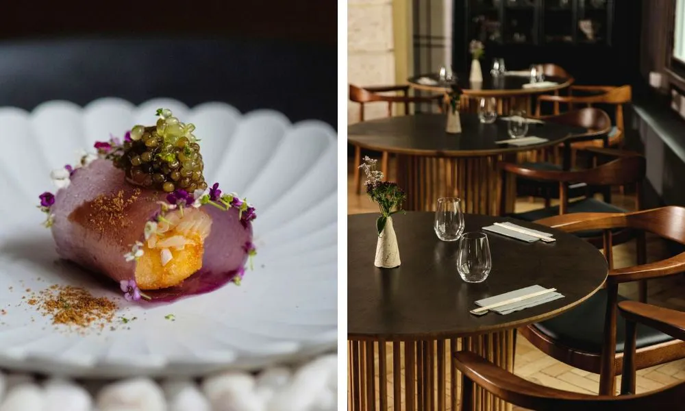 purple cylinder on a plate and restaurant tables