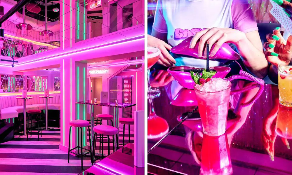 Pink interior with bar stools, and unique cocktails